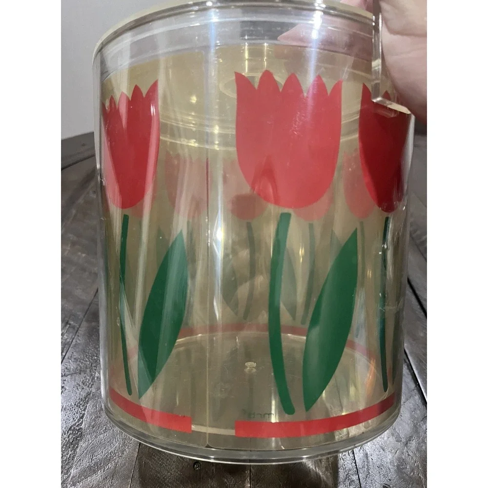 Vintage HJ STOTTER Painted Acrylic Red Tulip Ice Bucket Barware‎ Floral